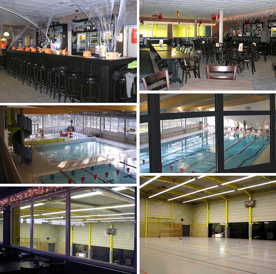 collage foto's cafetaria met zicht op zwembad en de aanglegen sportzaal